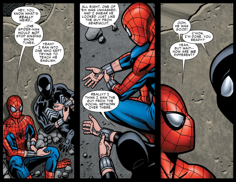 Two Spider-Men from alternate universes discussing how they’ve met Tobey Maguire from Sony’s original Spider-Man trilogy, Andrew Garfield from the Amazing Spider-Man duology, and either Reeve Carney or Justin Matthew Sargent, the actors who portrayed Peter Parker in the Turn Off the Dark musical in Spider-Verse.